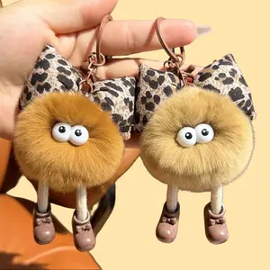 Keychain Accessory | Cute Leopard Print Bow Faux Rabbit Fur Ball Keychain | Trendy Bag Charm | Car/Bag Decor | Adorable Plush Pendant