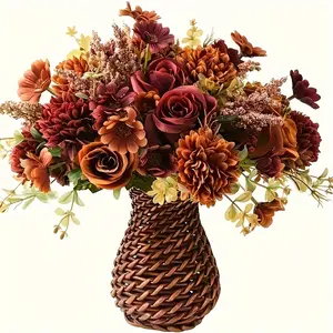 2pcs Lifelike Artificial Flower, Autumn Artificial Rose & Hydrangea Bouquet - Two-Tone Orange, Brown, Purple & Green Plastic Flowers, No Maintenance Faux Floral Arrangement for Home Decor, Weddings, Halloween Parties - Fall Decorations for Home