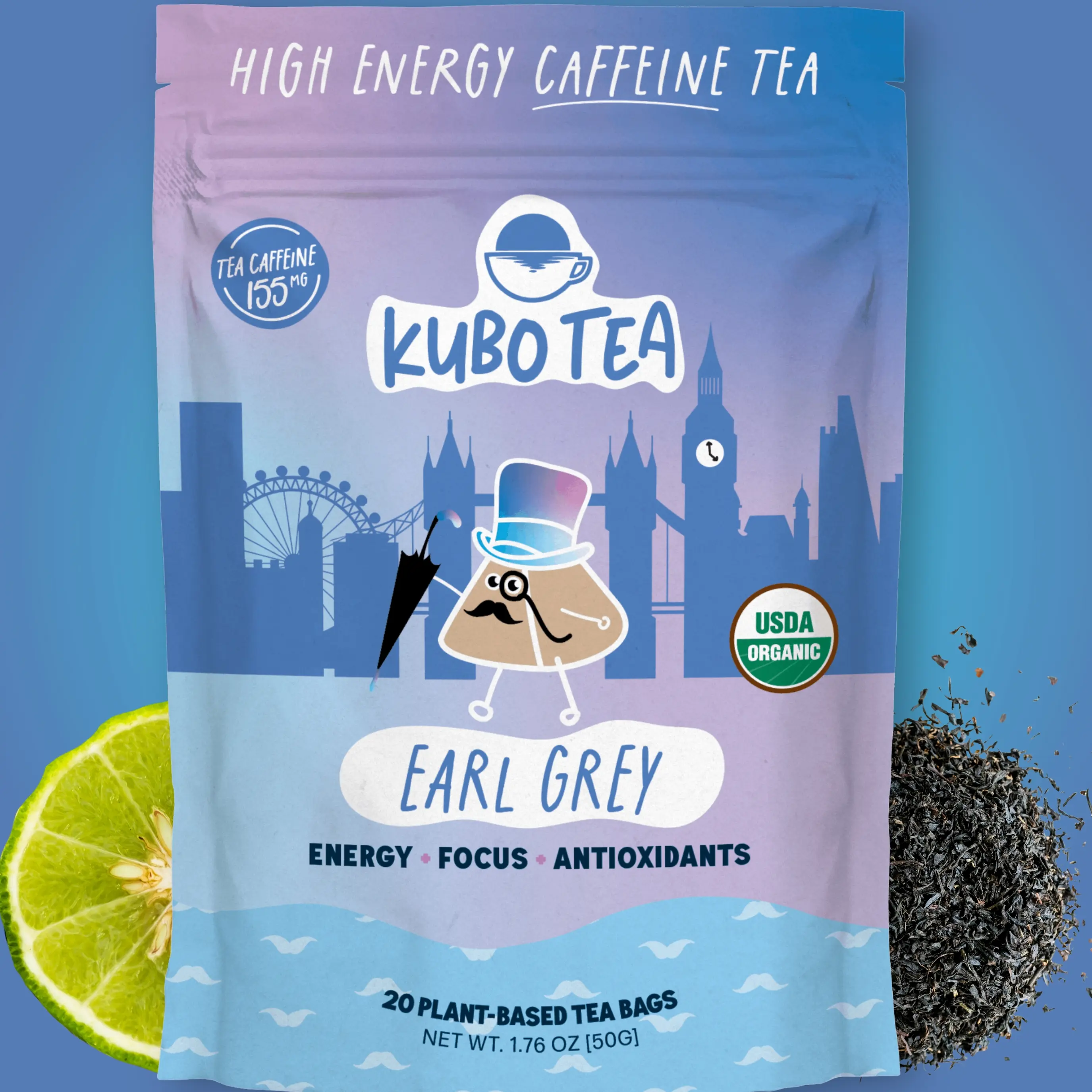 Kubo Tea: Organic Earl Grey Black Tea | High Caffeine Tea (155 mg) | Healthy Coffee Substitute | Bergamot Citrus Beverage | 20 Ct | Compostable Packaging