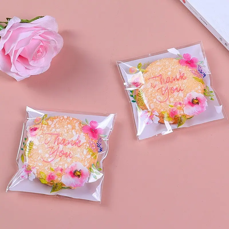 100 Cookie Packaging Bags, Floral Print, Sliced Bread, Donut Wrapping, Transparent Self-Sealing Opp Film, Adhesive Gift Bags, Creative Gift Packaging, Gift Wrapping Supplies