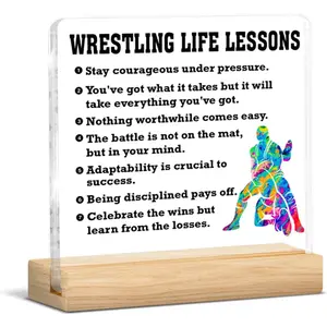 Wrestling Gifts for Men, Motivational Gifts for Wrestlers, Wrestling Life Lessons Acrylic Plaque Sign with Wooden Stand Home Office Decor