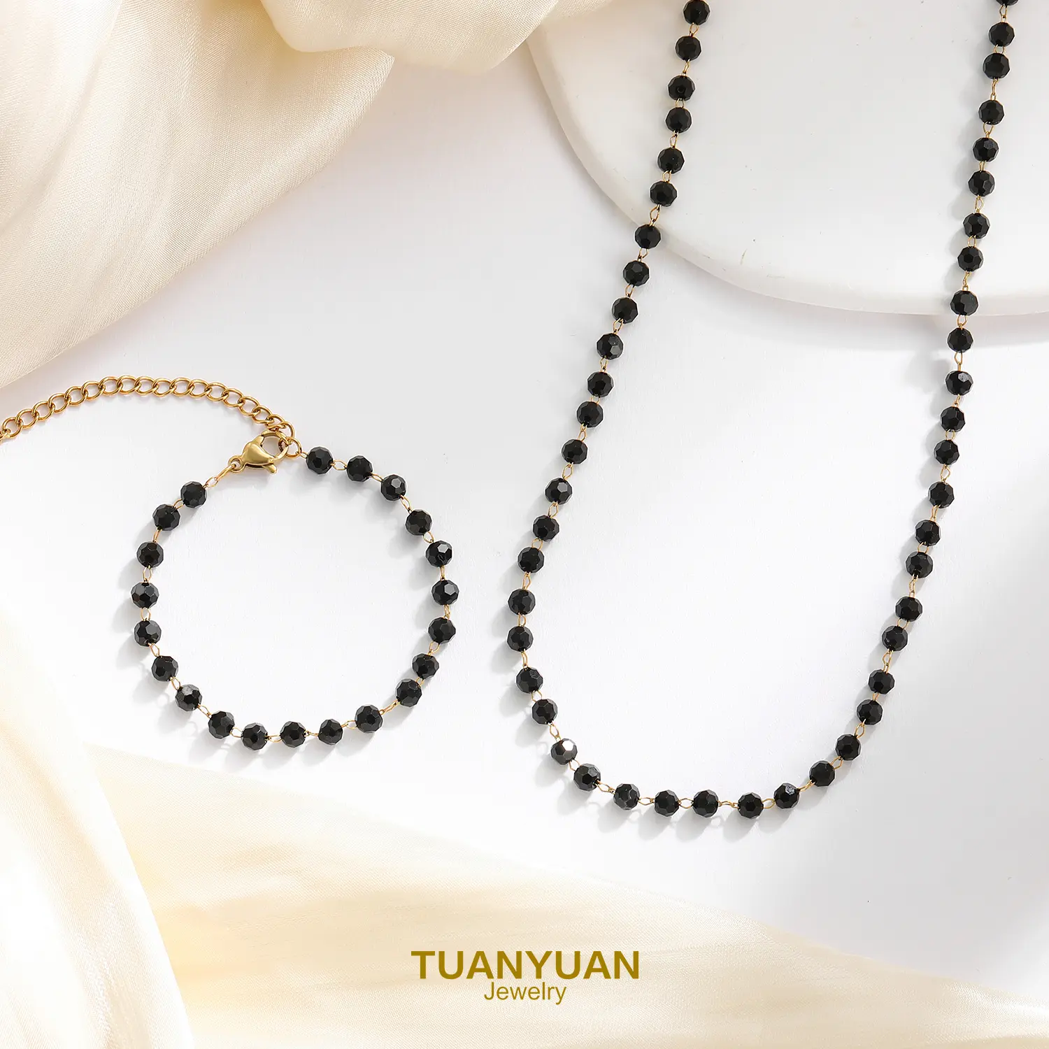 TUANYUAN Minimalist Black Obsidian Beaded Necklace & Bracelet Set - Elegant Protection Stone Jewelry for Women | Everyday Trendy Accessories