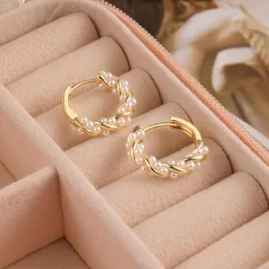 LOOTHES Small Pearl Hoop Earrings for Women, Twisted Huggie Hoop Earrings with Tiny Pearls Hypoallergenic Jewelry 16mm