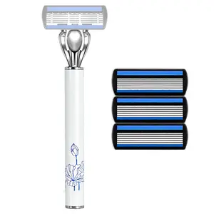 Elegant Six-Layer Blade Manual Shaver, Replaceable Heads, Blue Porcelain Pattern, Smooth Hair Removal Tool, Includes Extra Blades