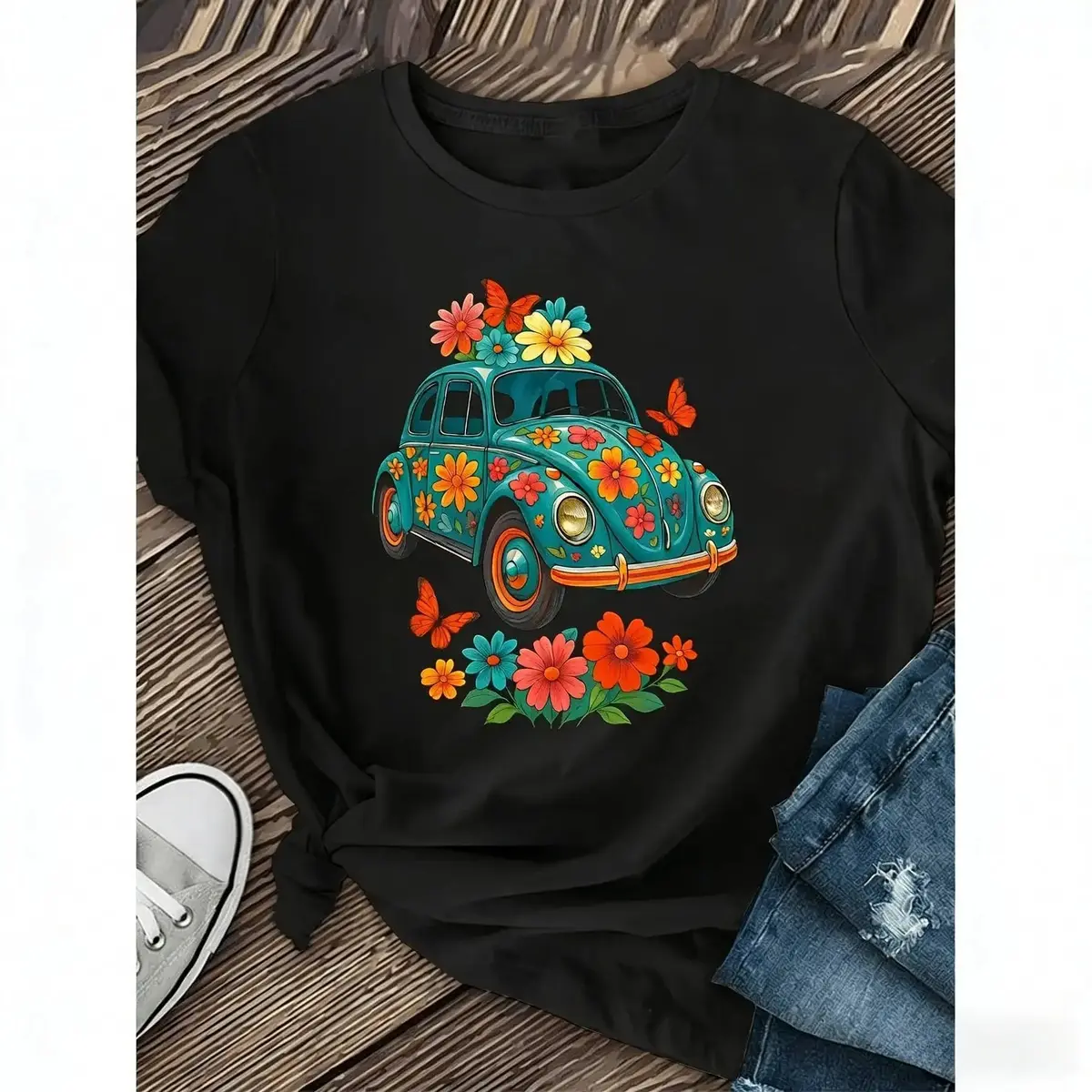 Women's Retro Hippie Floral Volkswagen Beetle Print T-Shirt - 70s Groovy Flower Power Casual Round Neck Streetwear Vintage Top, Tshirt