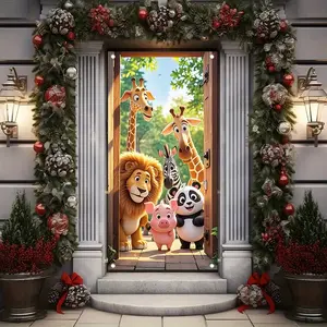 1pc 35.4 x 70.8 inch 2D flat Cheerful Cartoon Animal Pattern door banner, Yard Sign Banner, seasonal decoration, suitable for home, parties, scene decoration, celebrations, front door hanging decoration, holiday home decoration, and outdoor use. 0104LYY