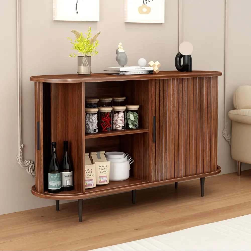 47-Inch Walnut Fluted Sideboard Cabinet with Sliding Door, MDF Buffet Storage Cabinet for Dining Room, Kitchen, or Entryway