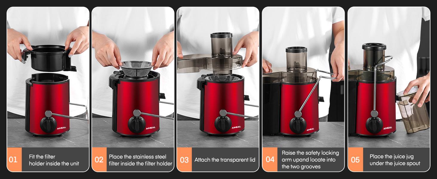 Aiheal Juicer Machines, Centrifugal Juicer Extractor 3 Speeds with 3'' Feed Chute for Whole Fruit and Vegetables, Stainless Steel, Easy to Clean, Cleaning Brush and Recipe Included, RED