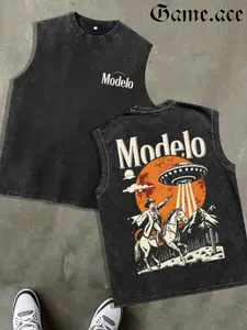1 PCS Retro Washed Black Sleeveless Tank Top, Front Mini "Modelo" Print + Back UFO & Cowboy Desert Graphic, Sci-Fi Western Streetwear Style, 100% Cotton Unisex Oversized Vest, Casual Hangouts, Great Gift for Sci-Fi & Western Fans