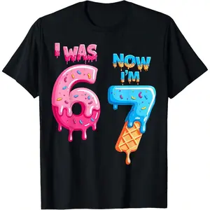 7 Year Old Birthday T-Shirt I Was 6 Now I'm 7 Cute Cartoon Design for Boys Girls Casual Black Short Sleeved Crew Neck Cotton Summer Shirt Perfect Gift KD10269456