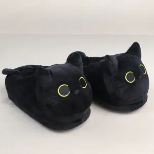 Women's Plush Black Cat Slippers - Soft Non-Slip Indoor House Shoes, Cute Cartoon Design, Cozy Gift for Cat Lovers