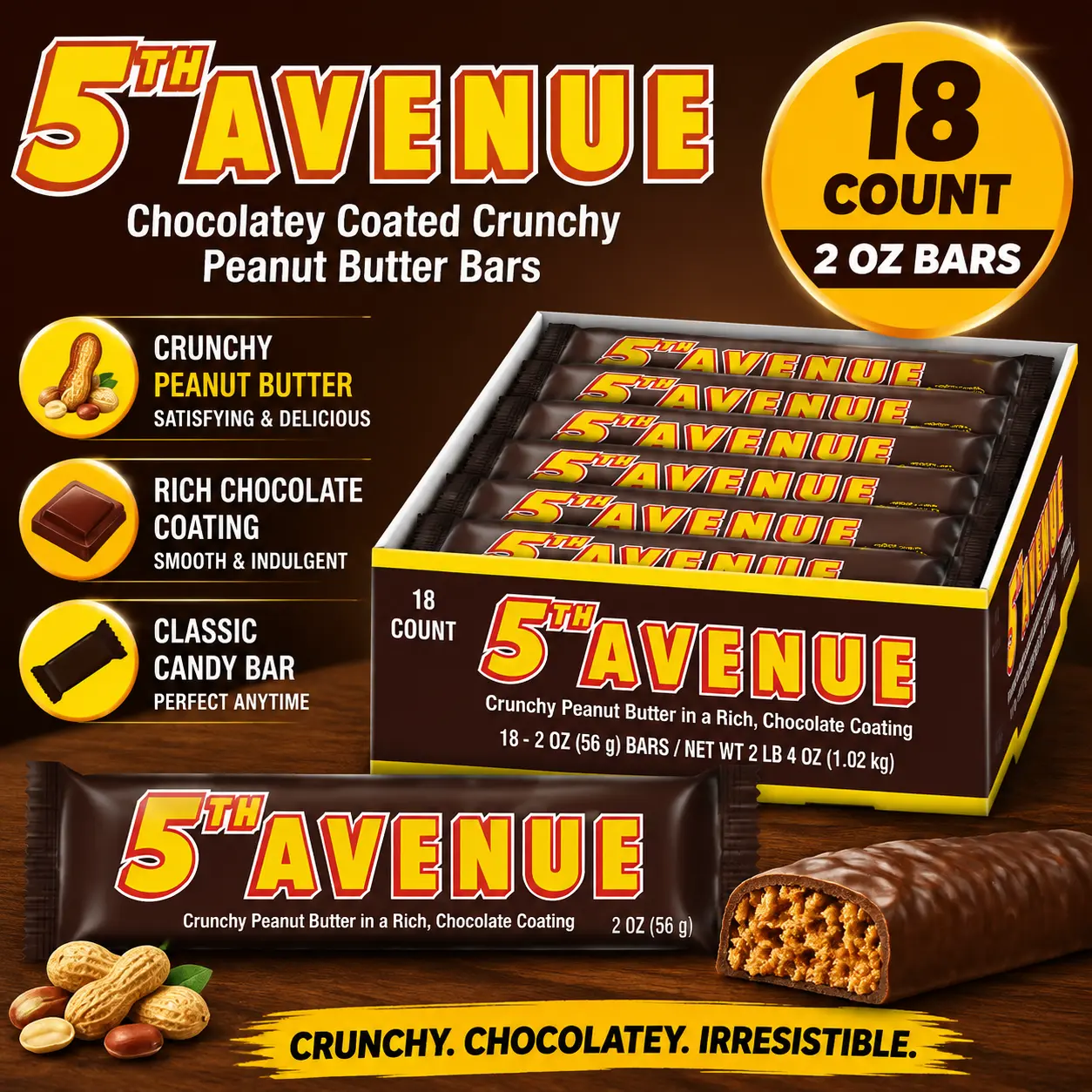 5th Avenue Chocolatey Coated Crunchy Peanut Butter Bars 2 oz 18 Count Peanut Butter Candy Bars