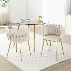 Modern Velvet Dining Chairs Set of 2, Upholstered Woven Dining Chair with Golden Metal Legs, Upholstered Dining Chairs for Dining Room, Kitchen, Vanity, Living Room
