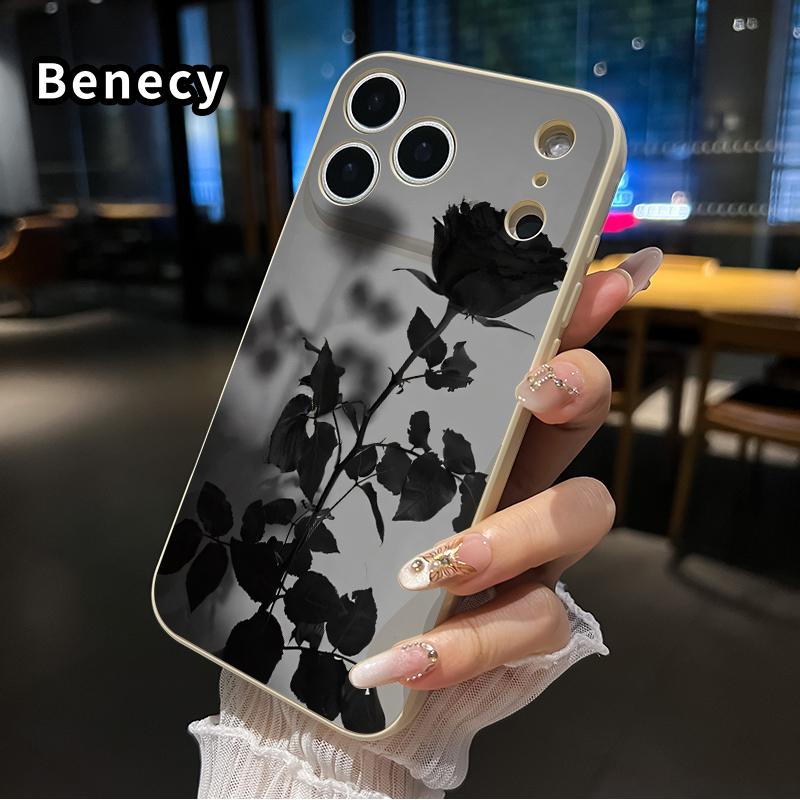 Straight Edge Phone Case for iPhone 17 15 16 14 Pro Max 13 12 11 XR XS Plus Air E Black Rose Pattern Anti-Scratch Shockproof Soft Liquid Silicone Protective Cover Smartphone Casing