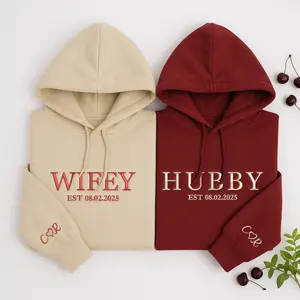 Custom Embroidered Hubby And Wifey Hoodie – Personalized Couple Matching Hoodie With EST Date, Anniversary Gift, Valentines Day Gift for Her