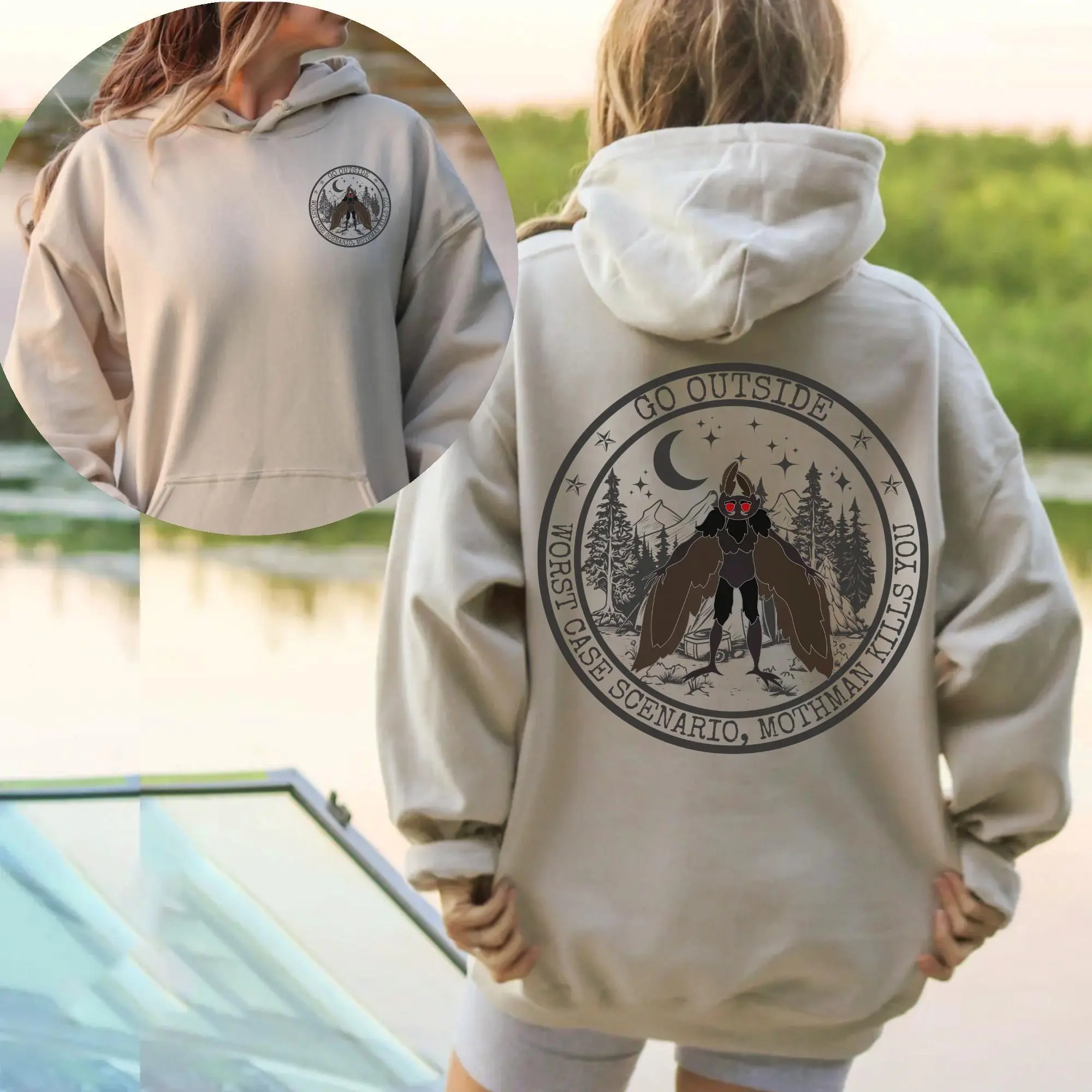 Worst Case Scenario Mothman Hoodie Sweatshirt Mountain Themed Shirt Hiking Outdoor Shirts Wilderness Graphic Tee Funny Camping Sweatshirts Cotton Sweaters Unisex Womenswear