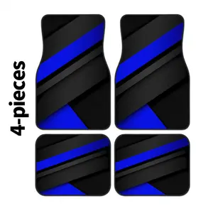 2D, 4-piece car floor mat set, featuring blue and black geometric stripe pattern print, easy to clean, suitable for protecting the fashionable interior of cars, vans, SUVs. Made of high-quality polyester fibers, suitable for all seasons.