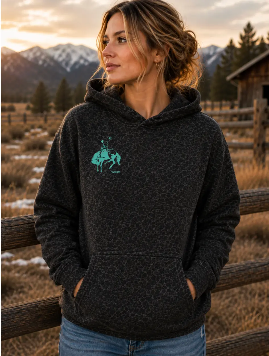 Aces Bronc Black Leopard Hoodie -Teal