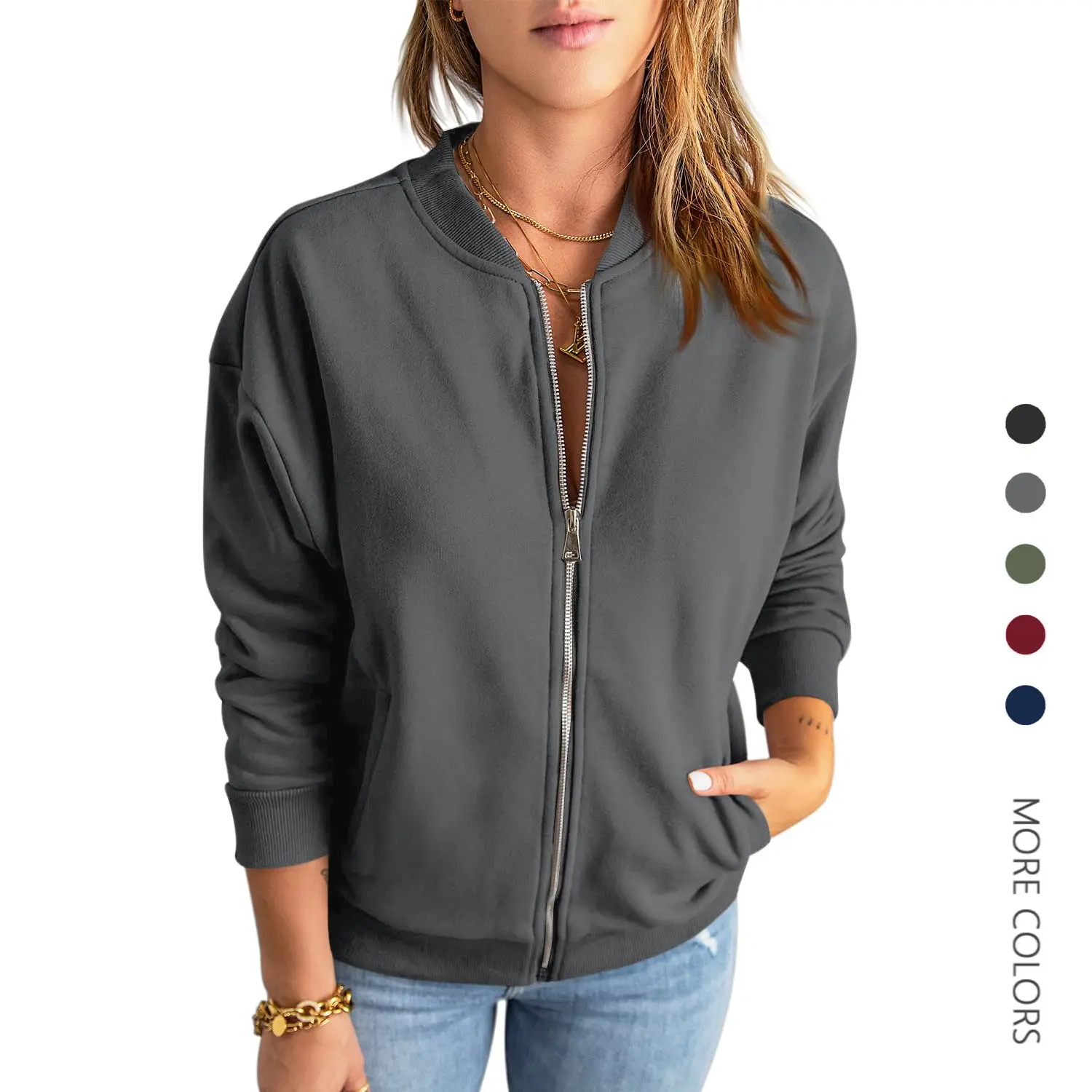 Danedvi Women's Minimalist Cotton Full-Zip Crew Neck Long Sleeve Kangaroo Pocket Sweatshirt Jacket, Ribbed Soft Sporty Chic Basic Outerwear for Lounging - Women's Tops, Zip Up