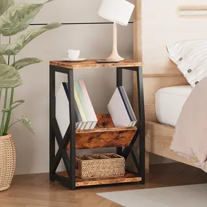 ALISENED Slim Modern Vintage Side Table with Magazine Holder, 3 Tier Record Player Stand with Shelf for Sofa, LivingRoom For CD Home Decor Decorative Storage Nightstand Wooden Tabletop