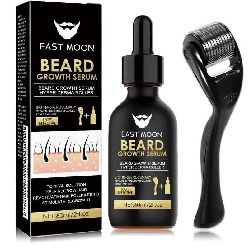 Beard Growth Serum&Beard Massage DermaRoller,Beard Care Nutritional Oil, Making BeardsThicker and More Shiny, Men's Daily Beard CareProducts and Tools, Christmas gift new year gift east moon Beard Growth Extra Strength Hair Growth Oil
