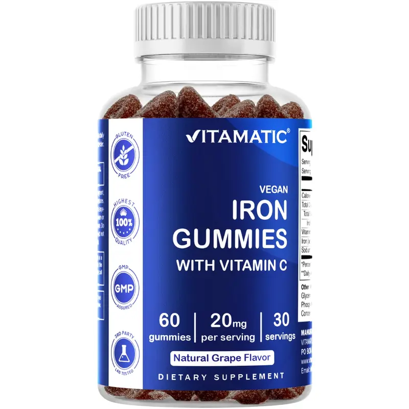 Vitamatic Vegan Iron Chewable Gummy Dietary Supplements - 20mg Serving, 60-Count Bottle for Weeks (60 Pieces), GMO-Free, Gluten-Free, Natural Grape Flavor, Vitamin C & Minerals, Adult Energy & Metabolism Support, Prop 65 Safe