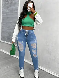 Vintage Distressed Tight-Fitting Jeans Women's Skinny Ripped Low Waisted Elastic Waist Denim Pants for Plus Size Comfortable & Flattering - Womenswear