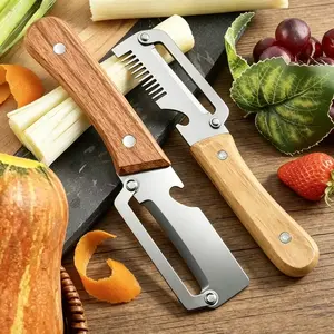 2PCS Multi-Function Kitchen Tool with Wooden Handle, 2 in 1 Stainless Steel Blade Vegetable Peeler for Peeling &Opening Bottles, Durable Kitchen Gadget Gift for Women & Men