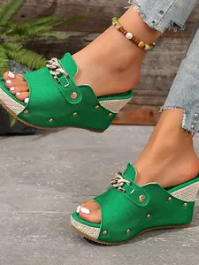 2026 Summer New Heeled Sandals, Luxury Rhinestone Chain Decor, Retro Rivet Details, High Heel Grass Mat Bottom, Comfortable & Stylish, Women