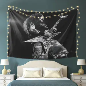 Dimebag Darrell Guitarist Tapestry - Vibrant Black & White Print with String Lights, Modern Wall Hanging for Home, Office, or Party Decor - High-Quality Peachskin Velvet, Music Room Decor Tapestry