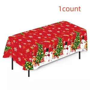 Disposable Tablecloth, 1 Count Snowman & Christmas Reindeer Pattern Table Cover, Holiday Party Decoration Supplies for Home Kitchen Dining Room, Overlay Table Cover