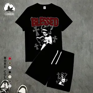 2-Piece Men's "Blessed" Gothic Cross & Girl Reading Bible Graphic Outfit, Cotton Short-Sleeve T-Shirt & Athletic Shorts Set, Lightweight Breathable Casual Activewear, Ideal for Summer Streetwear, Gothic/Christian Fans, Gift for Boyfriend