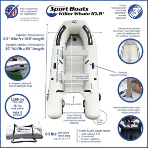 10.8' Inflatable Dinghy | Aluminum Floor Dinghy with Durable Heat-Welded PVC | 5 Person Inflatable Dinghy | 15HP Motor Ready | Rigid aluminum hard floor | 5-person inflatable dinghy | 1,268 lb max load | 15HP | yacht tender