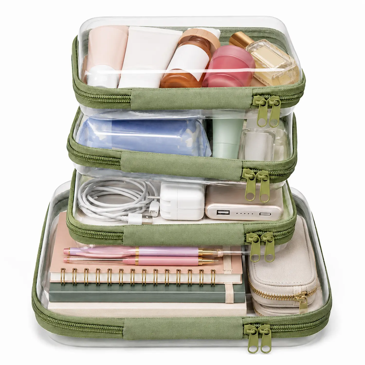 Clear Organizer Storage Box Set, Transparent Hard Shell Zipper Cases for Travel, Makeup, Toiletries, Jewelry, Toys & Craft Supplies, Stackable Waterproof Storage Containers, 1 Large + 3 Small