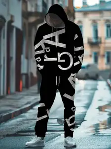 Men's Hooded Sweatshirt & Jogger Pants Set, Comfortable Spring Autumn Casual, Lightweight Vintage Style Athleisure Style Sportswear