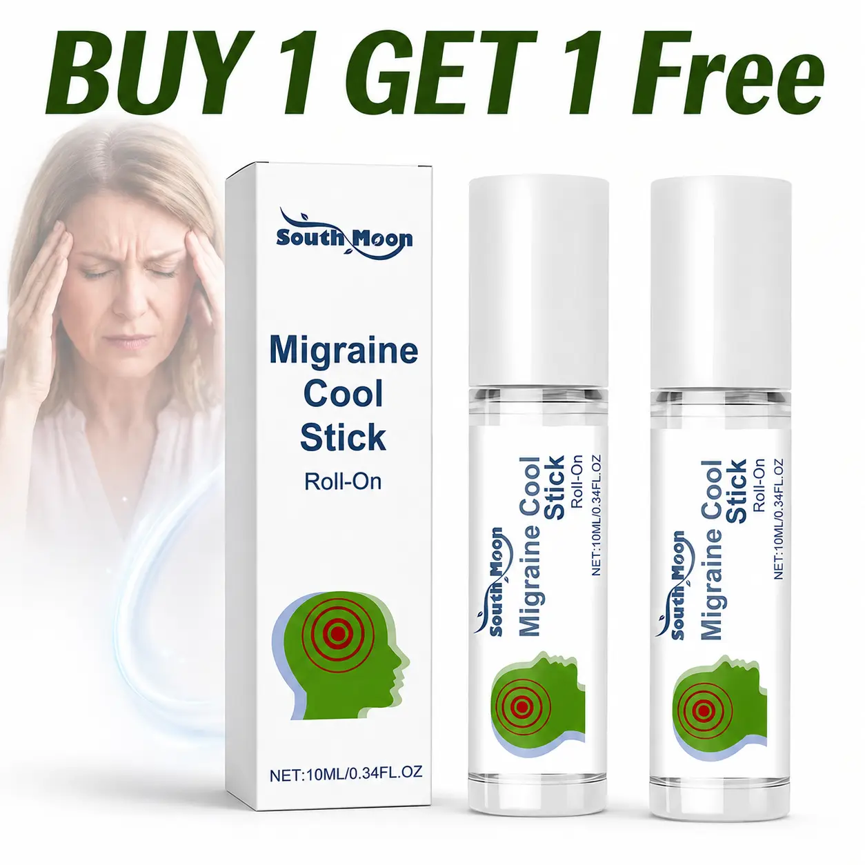 Buy 1 Get 1 Free Migraine Cool Stick Roll-On, Peppermint Headache Relief Roller, Portable Calming Soothing Roll On for Tense Neck & Stress