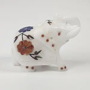 Vintage MCM Lucky Elephant Figurines Artisan Carved White Marble