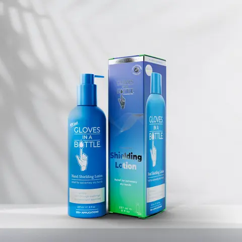 Gloves In A Bottle Hand Shielding Lotion 8 Oz, Hypoallergenic Moisturizer for Sensitive Skin, Protective Daily Hand Lotion, Blue Bottle with New Pump for Long-Lasting Moisture