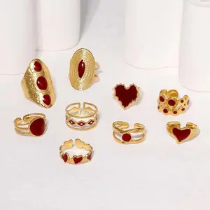 Vintage Red Drip Oil Geometric Rings for Women Stainless Steel Gold Color Heart Opening Adjustable Finger Rings Jewelry 2025 New, Vintage Gold Rings, Gold Accents Rings
