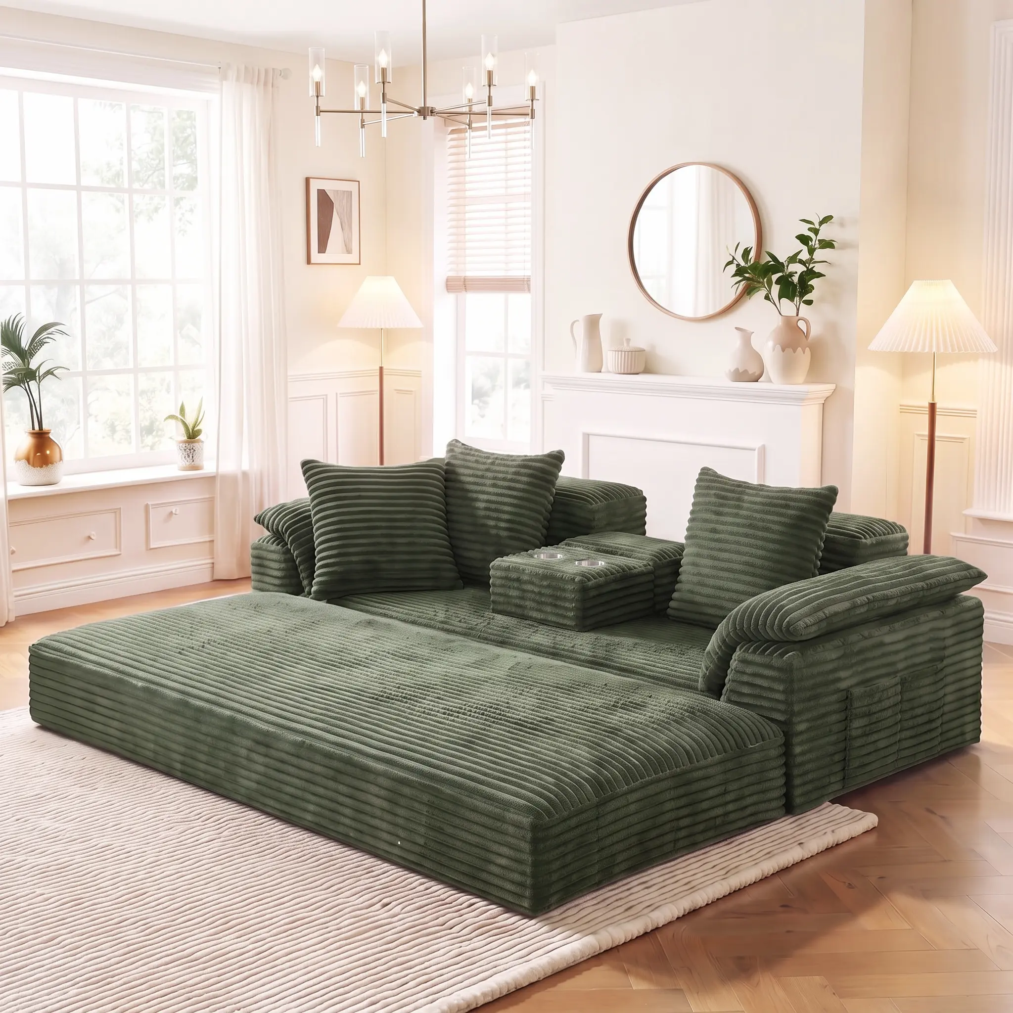 78.7'' Convertible Sleeper Sofa Bed with Cup Holders Corduroy Folding Mattress Couch Fixed-Shape Frame for Living Room Bedroom Studio Fully Assembled