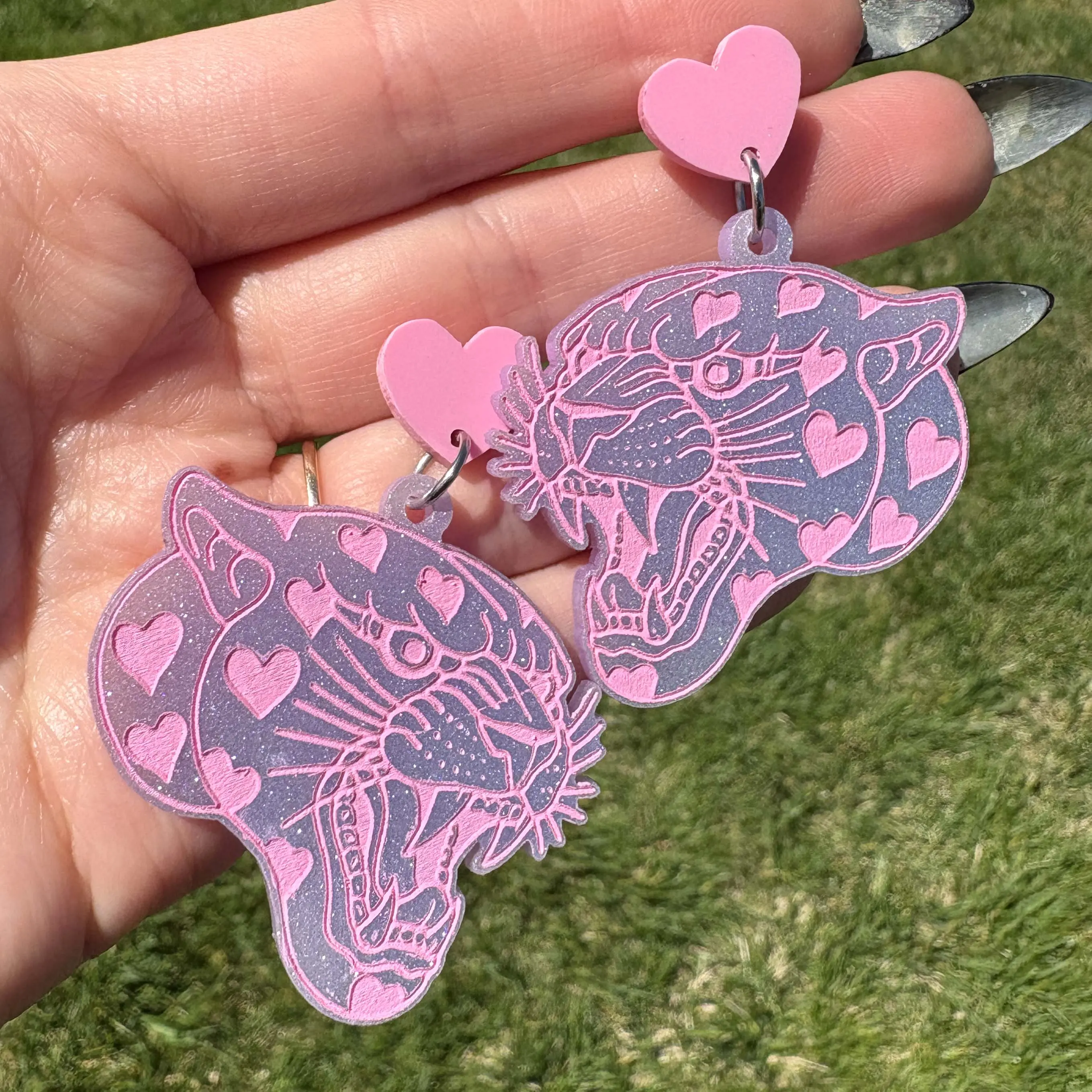 Purple Glitter Heart Panther Heads - Acrylic Earrings
