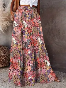 New Women's Floral Print Pocket Decorative A-Line Maxi Skirt, Boho Floral Skirt, Elegant Casual Wear, Perfect for Everyday, Stylish and Comfortable