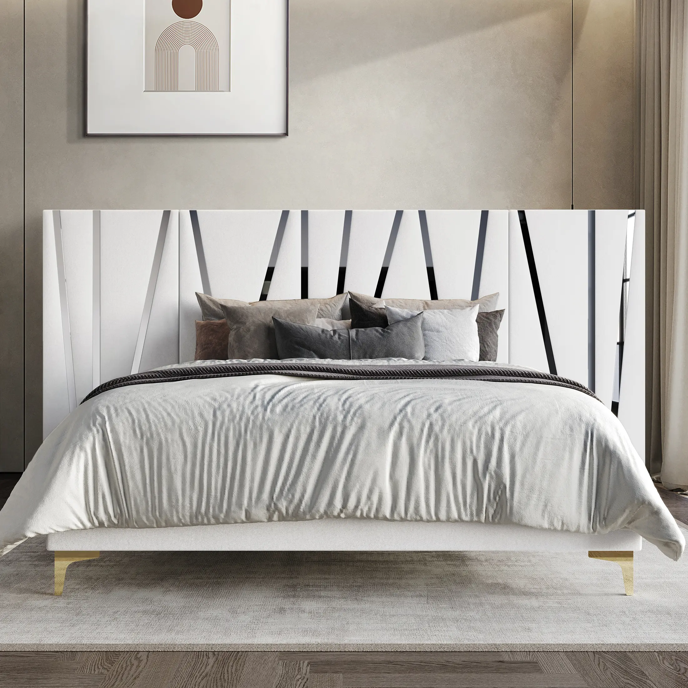 ChaletPosh Wall Panel Bed - Acrylic Trim Velvet Upholstery Gold Metal Legs White Color 100% Polyester Skin-Friendly Velvet