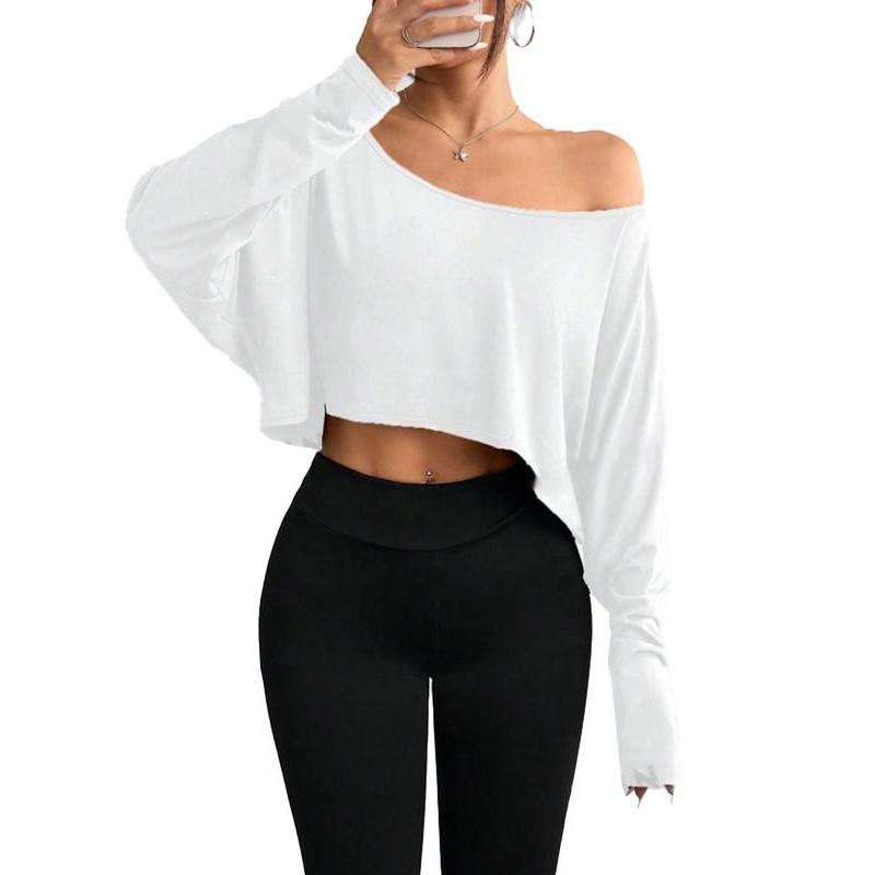 Women's Solid Off Shoulder Loose Tee, Casual Long Sleeve Crop Top for Daily Holiday Outdoor Wear, Everyday Ladies Clothes for All Seasons