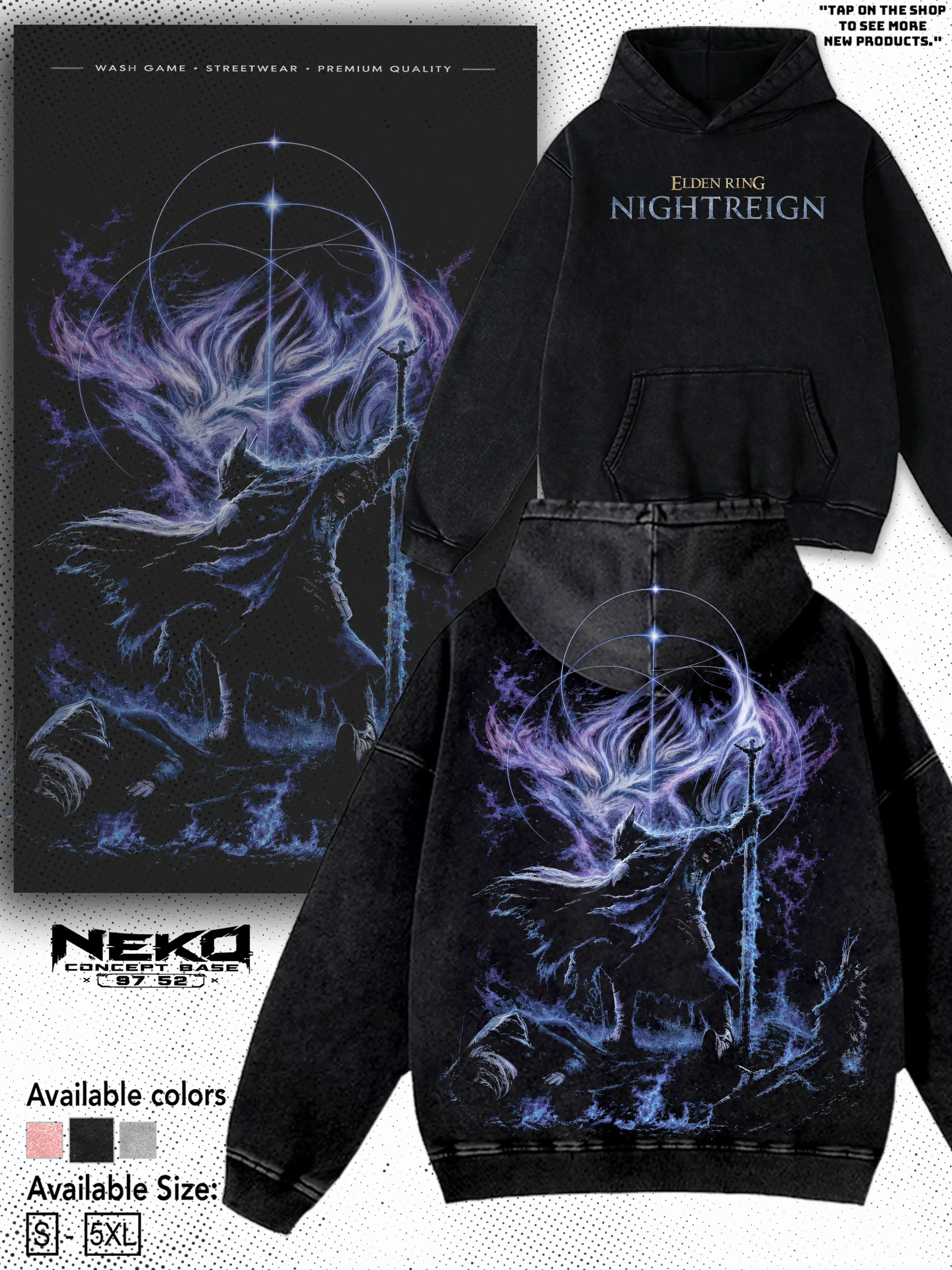Elden Ring Nightreign Washed Hoodies & Tees, Vintage Dark Fantasy Graphic T-shirt, Premium Heavyweight Cotton Loose-Fit Streetwear, Trendy Video Game Merch, Unisex Oversized Summer Outfits Classic Menswear
