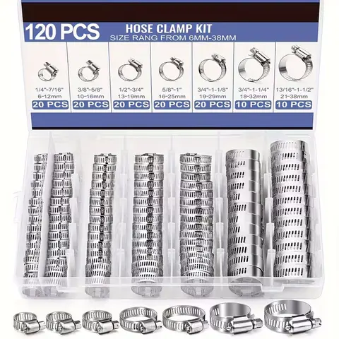 120 Piece Stainless Steel Hose Clamp Kit, Versatile Hose Installation, Secure Hose Connections, 1/4''-1-1/2'' Spiral Gear, Durable Metal Rings, Fuel Lines, Pipes, Cars, Machinery, Garden, Discharge Hose, Drain Hose
