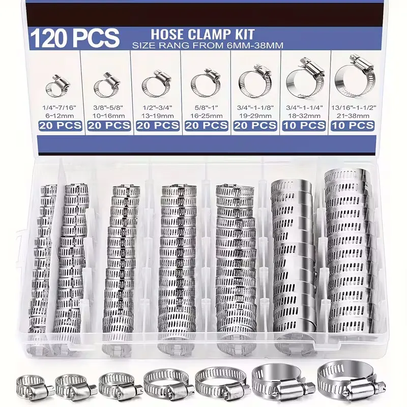 120 Piece Stainless Steel Hose Clamp Kit, Versatile Hose Installation, 1/4''-1-1/2'' Spiral Gear, Durable Metal Rings, Fuel Lines, Pipes, Cars, Machinery, Garden, Discharge Hose, Drain Hose