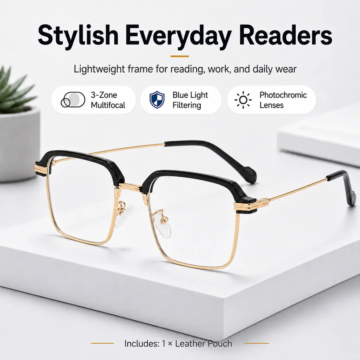 Unisex 3-Zone Multifocal Reading Glasses, Semi-Rimless Lightweight Durable Business Eyewear with Black Gold Frame, Photochromic & Blue Light Filtering Lenses, +1.00 to +3.00, Multifocal Eyeglasses, Lightweight Durable Glasses, Business Glasses