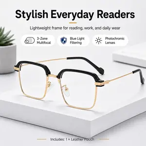 Lightweight Multifocal Reading Glasses for Men Women, 3-Zone Lens Design, Readers Glasses with Blue Light Filtering and Photochromic Lenses, Semi-Rimless Black Gold Frame for Work Travel & Everyday Use, Available +1.00 to +3.00