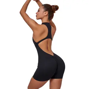 Women Zipper Halter Yoga Jumpsuit, Sleeveless One Piece Biker Shorts Romper, Backless Tummy Control Seamless Workout Sport Gym Bodysuit